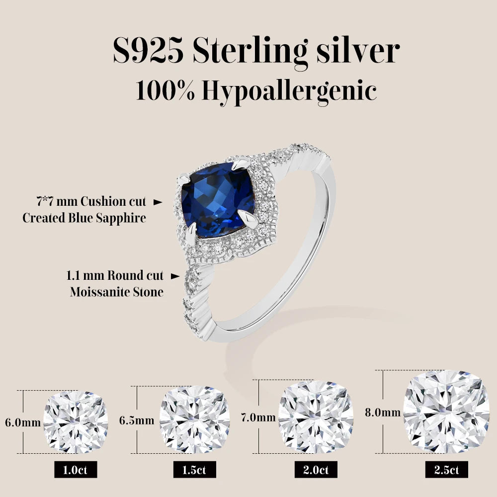 MINTYBOX S925 Silber 2.0ct Kissen Saphir Verlobungsringe für Damen Laborgestein Halo Ring Hochzeit Edler Schmuck Brautgeschenk