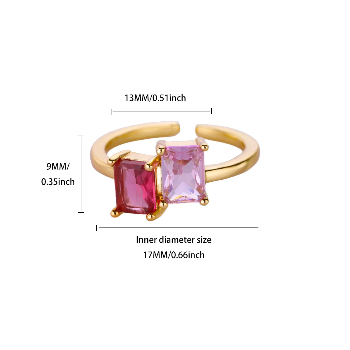 Edelstahl-Zirkonia-Quadratring für Damen, 18K vergoldet, 2 Farben, verstellbarer Ring, hypoallergener, zarter, trendiger Schmuck