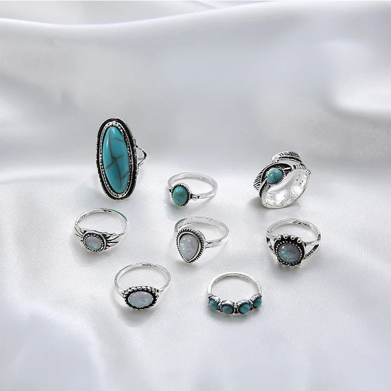 8 Stücke/Set Ringe Set Mode Lässig Retro Set Mit Türkis Geschnitztem Federring Set Hochwertiger Schmuck