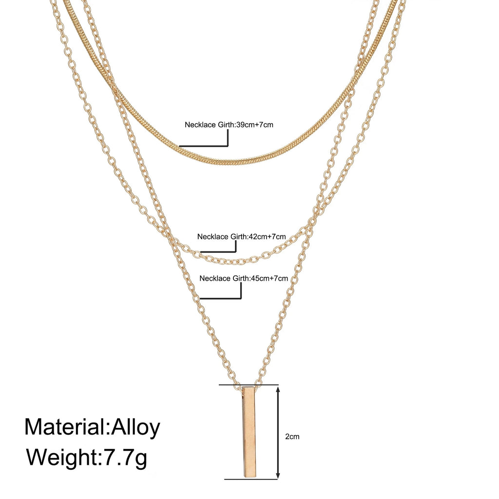 Mode Mehrschichtige Metallbarren-Anhänger Halskette für Frauen Täglicher Gebrauch Goldfarbene Rechteckige Schlüsselbeinkette Collier Schmuck