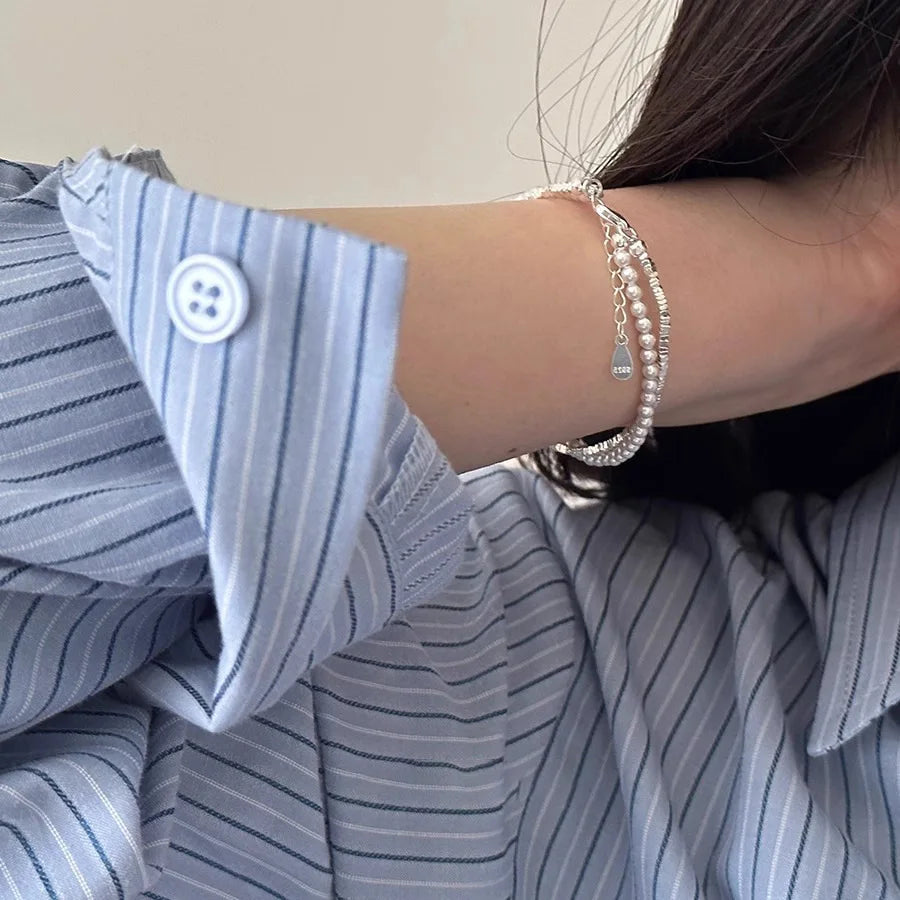 VENTFILLE 925 Silver Double Layer Pearl Bracelet for Women Girl Design Bead Korean Jewelry Dropshipping