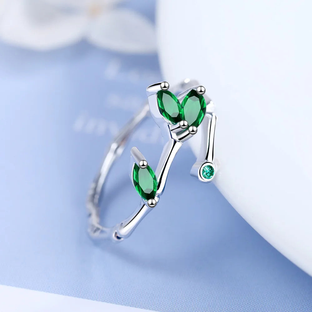 925 Sterlingsilber Zweig Grünes Blatt Ringe für Frauen Paar Vintage Elegante Luxus Schmuck Damen Accessoire Schmuck