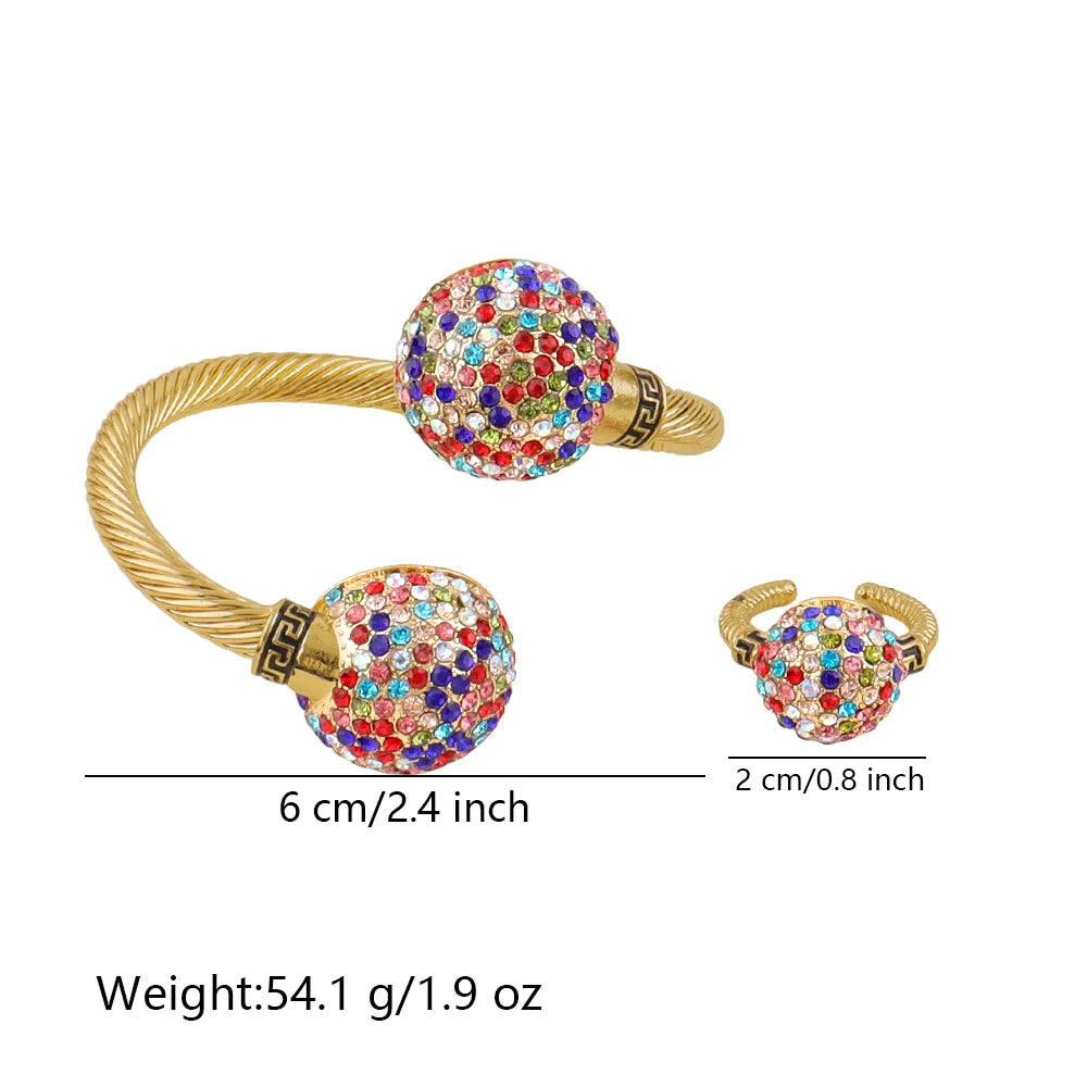 Goldfarbenes Manschettenarmband und Ring für Dubai Afrikanische Frauen Blauer Stein Handarmreif Fingerring Schmuckset Hochzeitsbraut Frau Geschenk