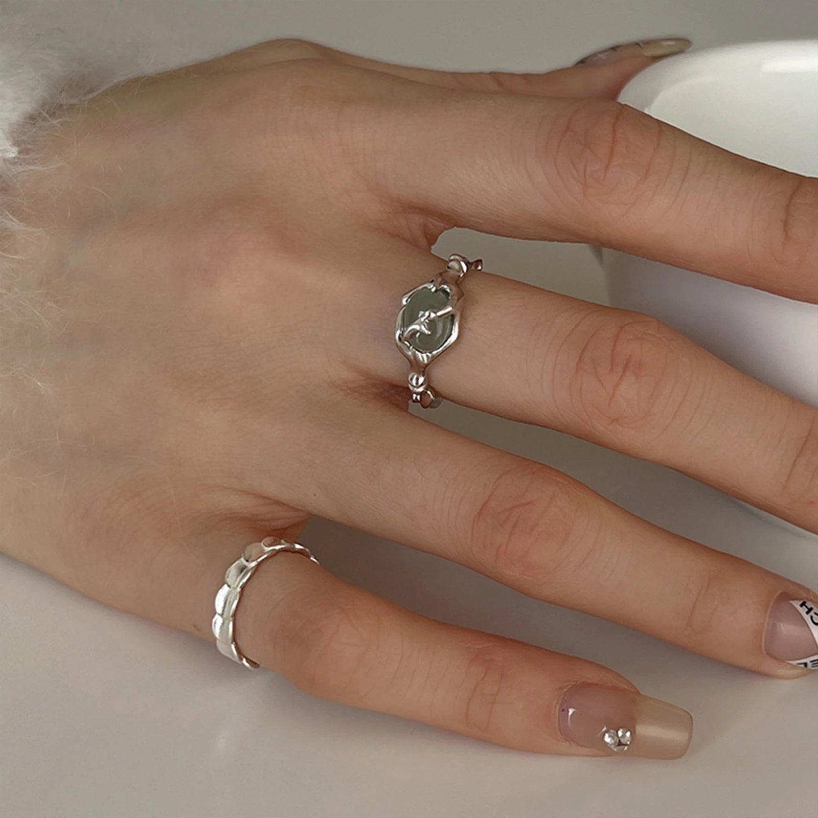 925 Sterling Silber vergoldeter Flüssiger Lava Hetian Jade Bambus Ring für Frauen Mädchen Geschenk Unregelmäßiger Vintage Schmuck