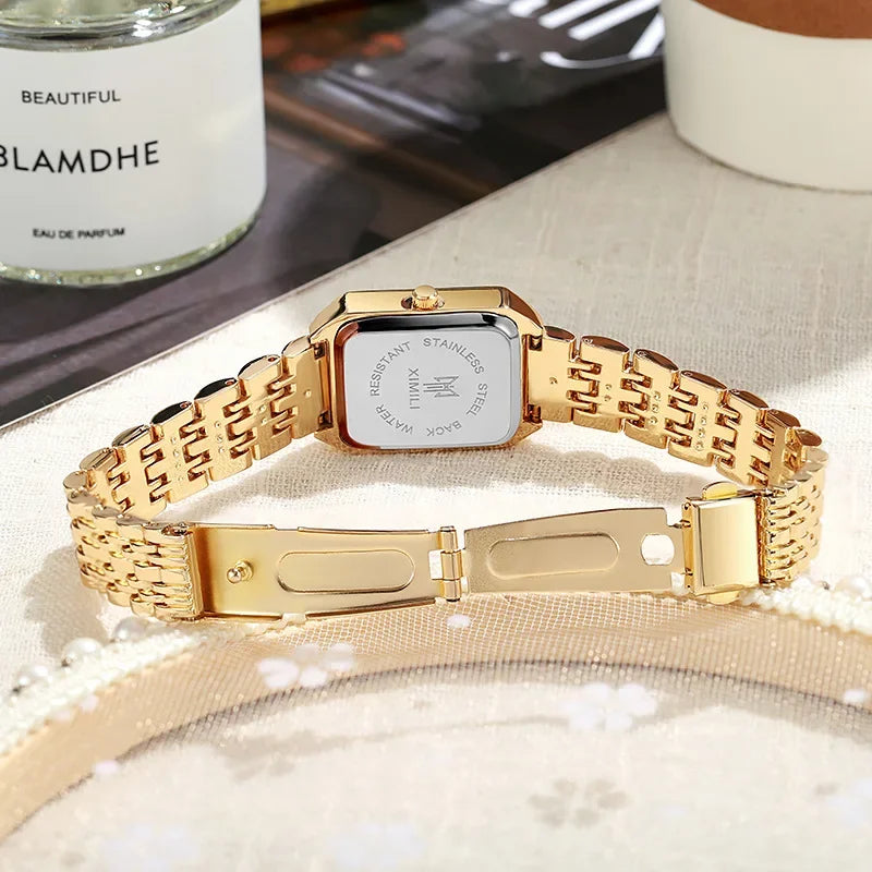 2025 Marca de moda de acero inoxidable correa de reloj para mujer, reloj de pulsera de cuarzo de lujo, reloj de cuarzo cuadrado simple para estudiantes