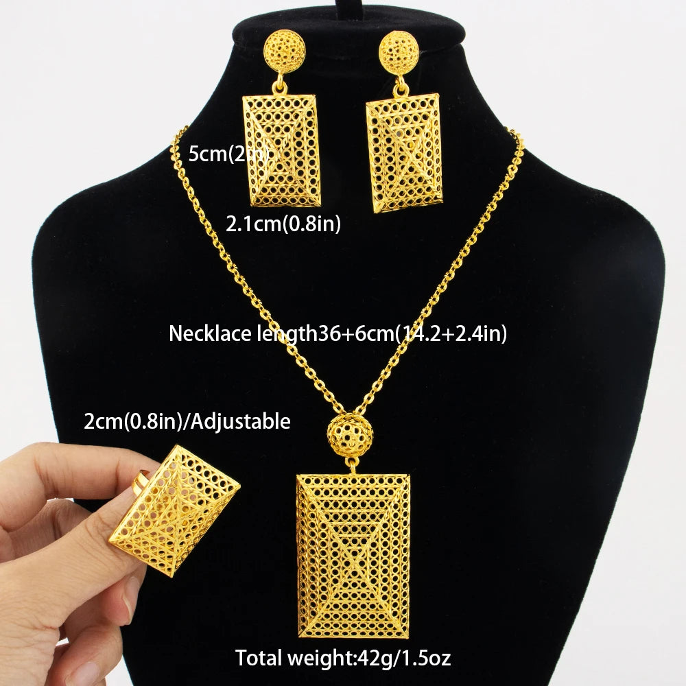 24 Karat goldfarbenes Party-Halskette-Ohrringe-Ringe-Set, luxuriöse Goldschmuck-Sets für Damen, Hochzeitsfeier-Accessoires