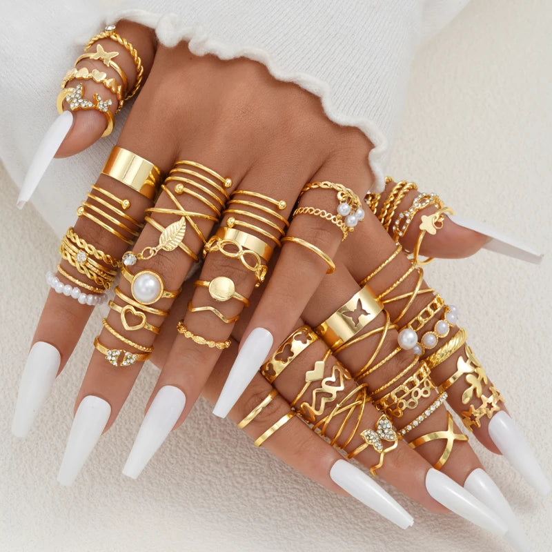 58-teiliges Vintage Herz Schlange Schmetterling Ring Set für Damen, modisch, Metall, vergoldet, geometrisch, hohl, Fingerring, Schmuckgeschenke, Neu