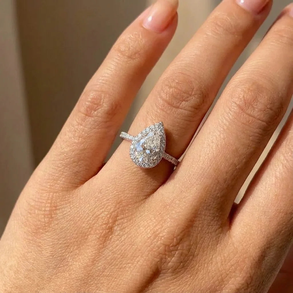 Anillo de circonita con forma de pera brillante simple de plata de ley 925 de 1 quilate para mujer, compromiso, boda, joyería fina de lujo de alta calidad