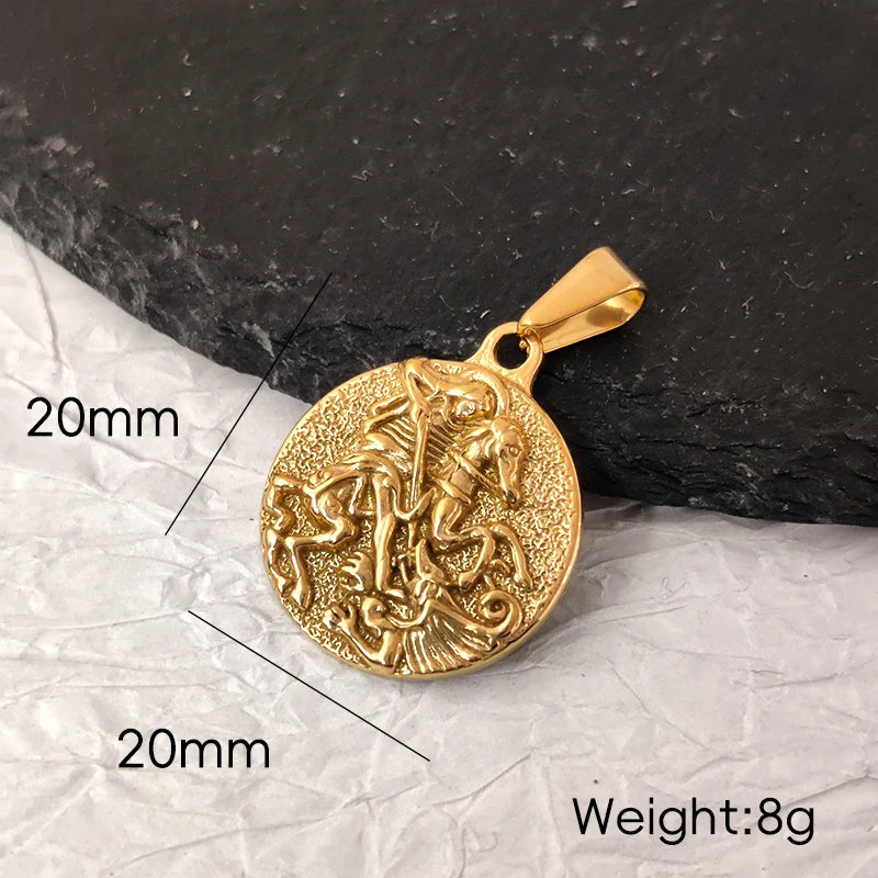 Joyas Impermeables Chapado en Oro de 18k Colgante de San Jorge Acero Inoxidable Colgante de Poseidón Búho Espartano Medalla Religiosa para Hombre