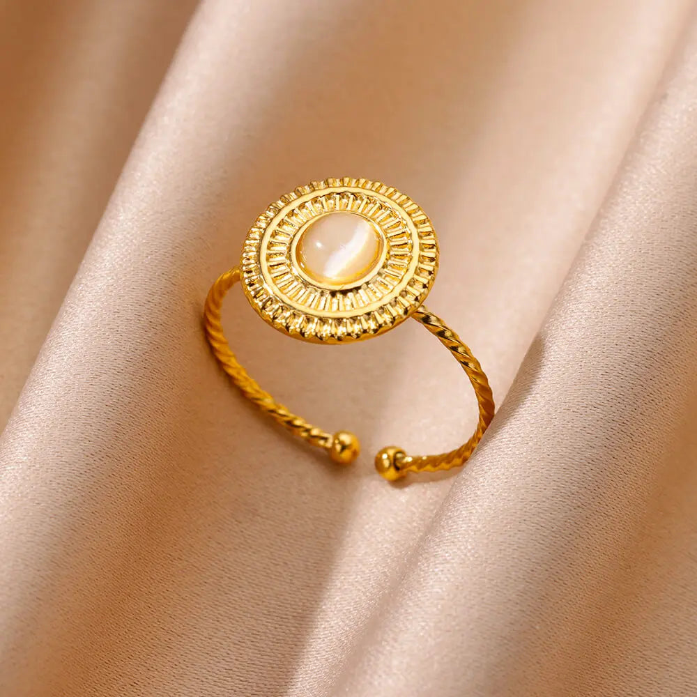 Goldfarbener Edelstahl Muschelringe für Frauen Vintage Oval Blauer Stein Verstellbarer Ring Mode Party Schmuck Jubiläumsgeschenk