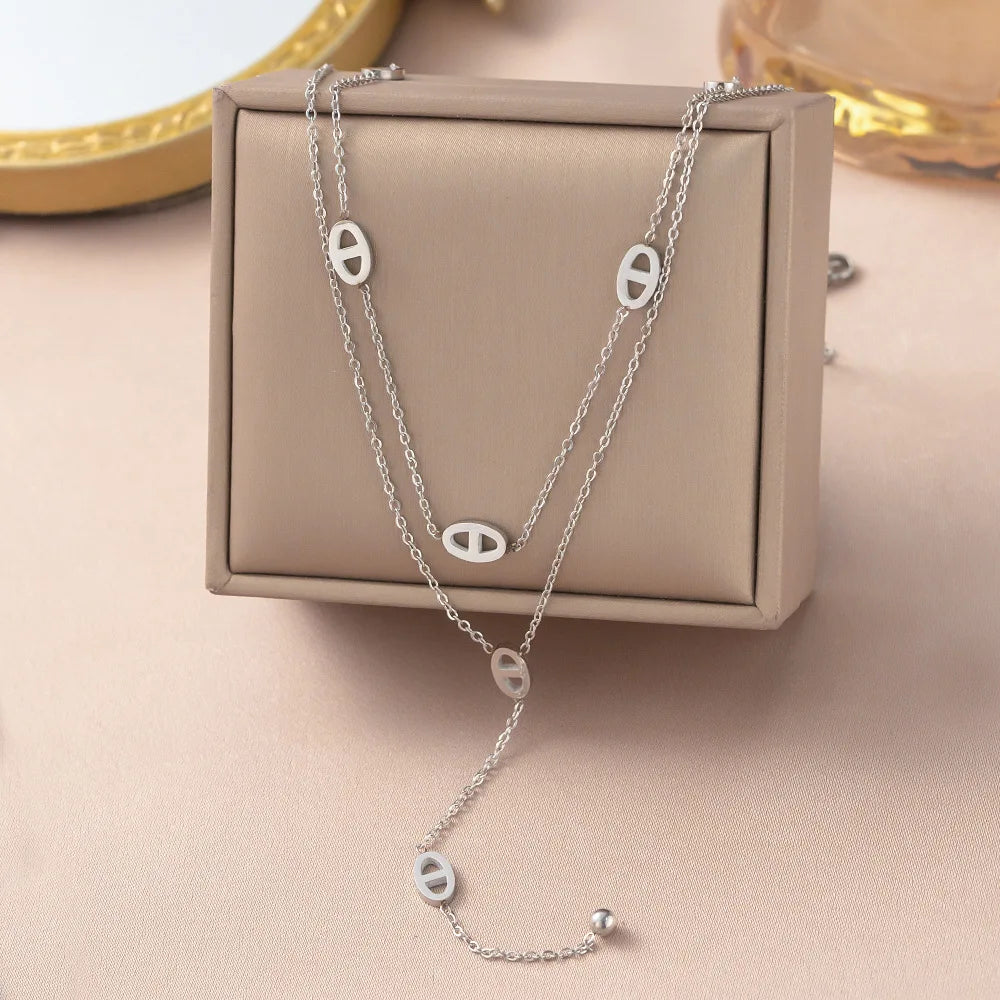 Premium Stainless Steel Long Necklace Trendy Pig Nose Style Y Shape Drop Pendant Waterproof Necklace for Women Girls Jewelry