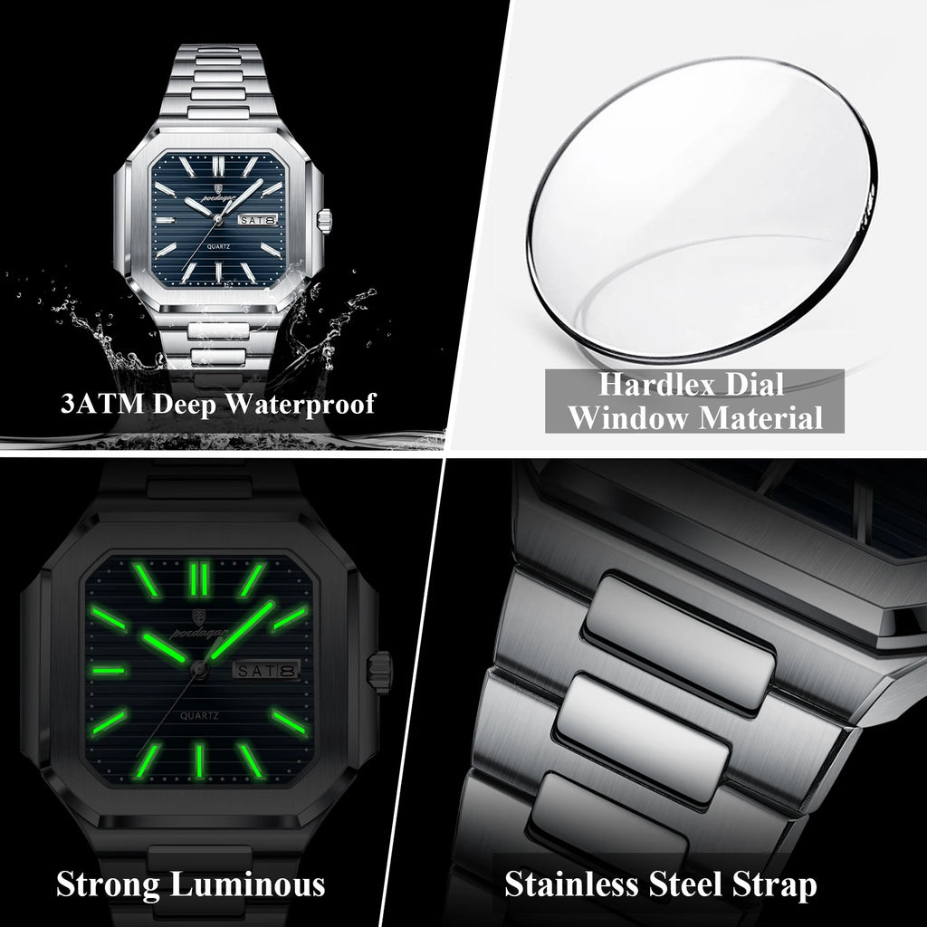 POEDAGAR Reloj de Pulsera Cuadrado de Moda para Hombre, Impermeable, Luminoso, Fecha, Semana, Cuarzo, para Hombre, Reloj de Lujo de Acero Inoxidable para Hombre, Reloj