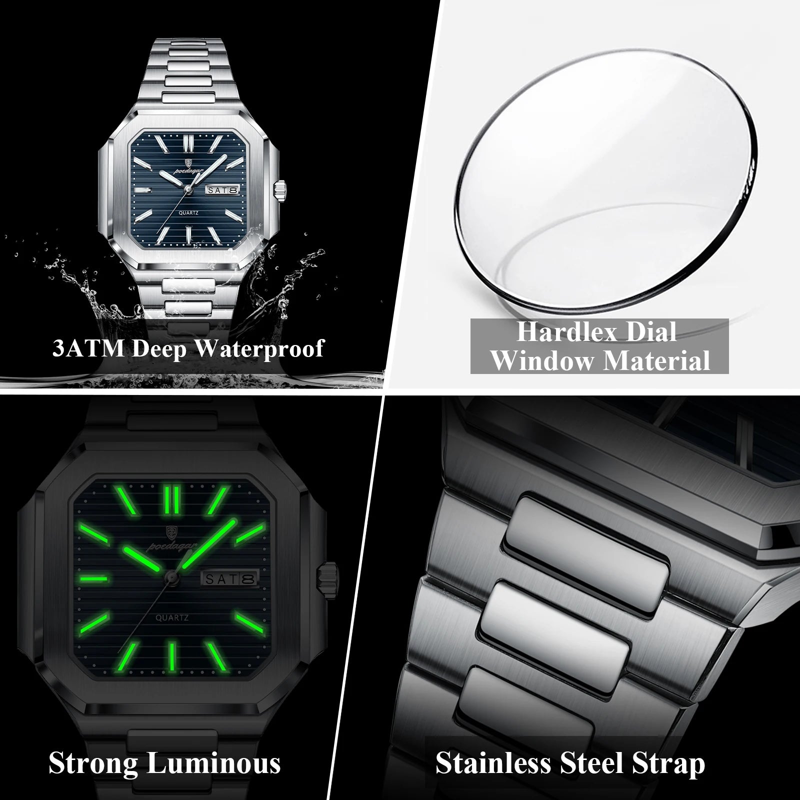 POEDAGAR Reloj de Pulsera Cuadrado de Moda para Hombre, Impermeable, Luminoso, Fecha, Semana, Cuarzo, para Hombre, Reloj de Lujo de Acero Inoxidable para Hombre, Reloj