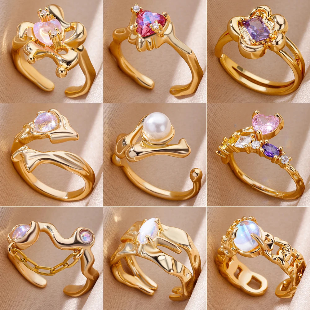Edelstahlringe für Frauen Goldfarbe Mode Herz Zirkon Öffnungsring Weiblicher Finger Hochzeit Party Schmuck Geschenk