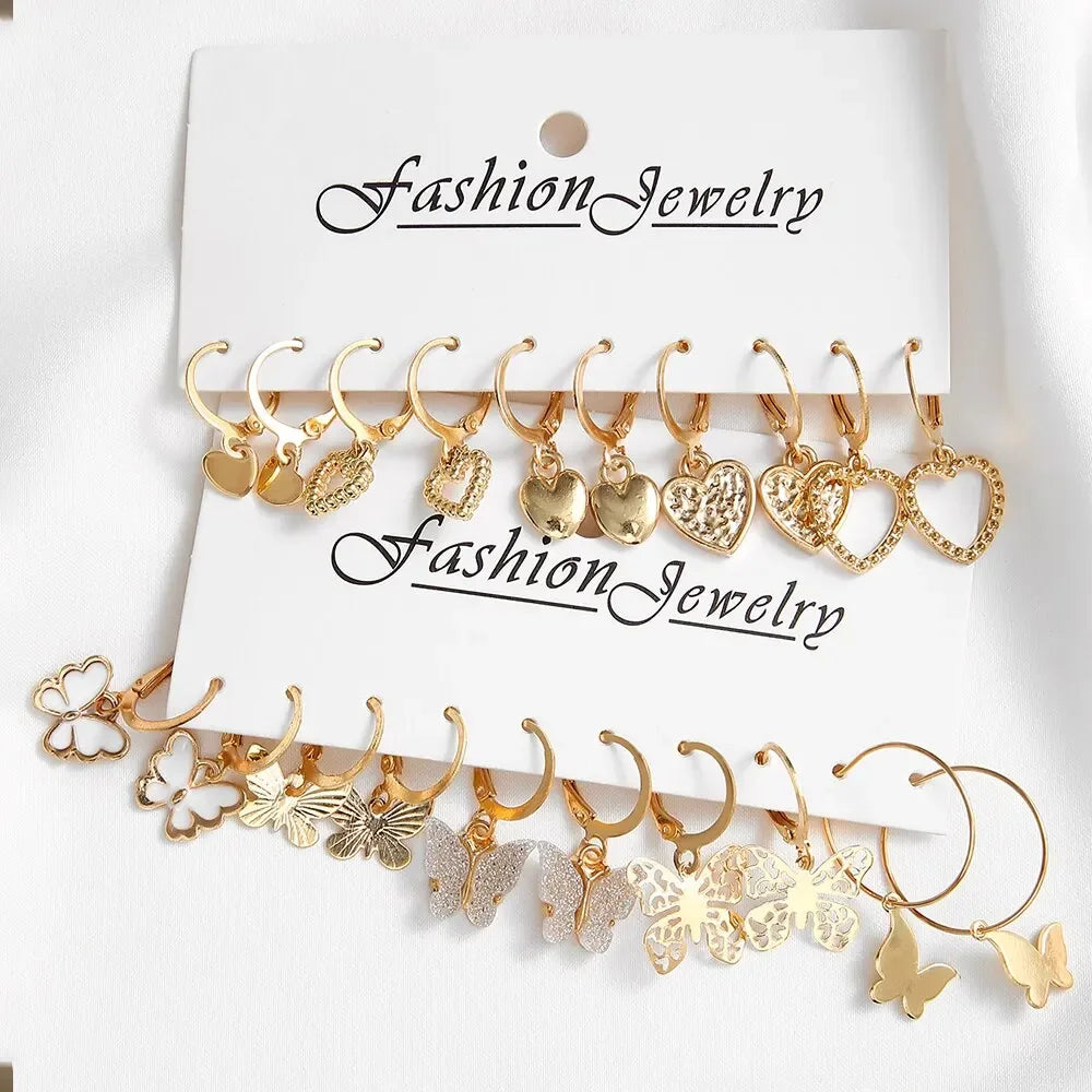 10 Paar goldfarbene, kreative, schlichte Ohrringe für Damen – modische Ohrringe mit Temperament, ausgehöhlte Schmetterlinge, Liebe, Schmuckgeschenke