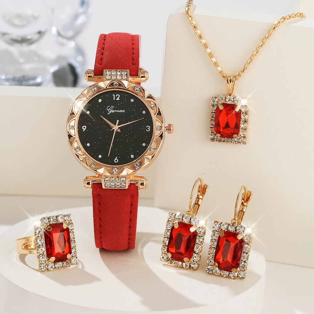 Damen Uhren 5-teiliges Set Luxus Strass Damen Mode Elegante Armbanduhr Quarzuhr für Mädchen Armbanduhr Armband Geschenk