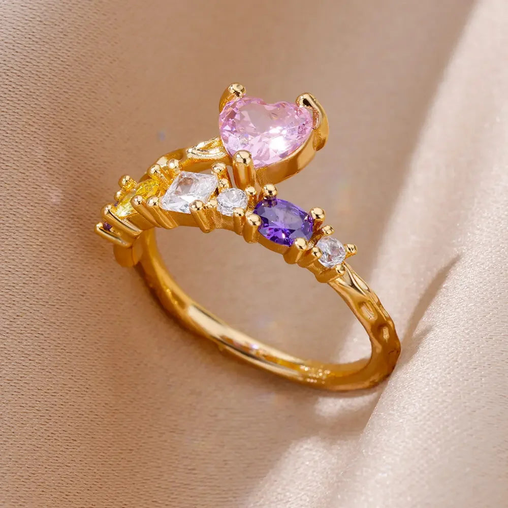 Goldfarbener Edelstahlring für Frauen Bunter Zirkonia Herz Öffnender verstellbarer Ring Modeschmuck Hochzeitsgeschenk