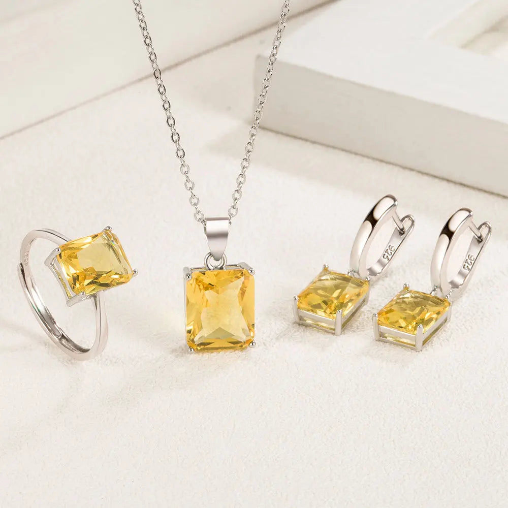 925er Sterlingsilber Elegante Schmucksets Ring Ohrringe Halskette für Damen Rechteck Geometrie Zirkon Hochzeit Accessoires