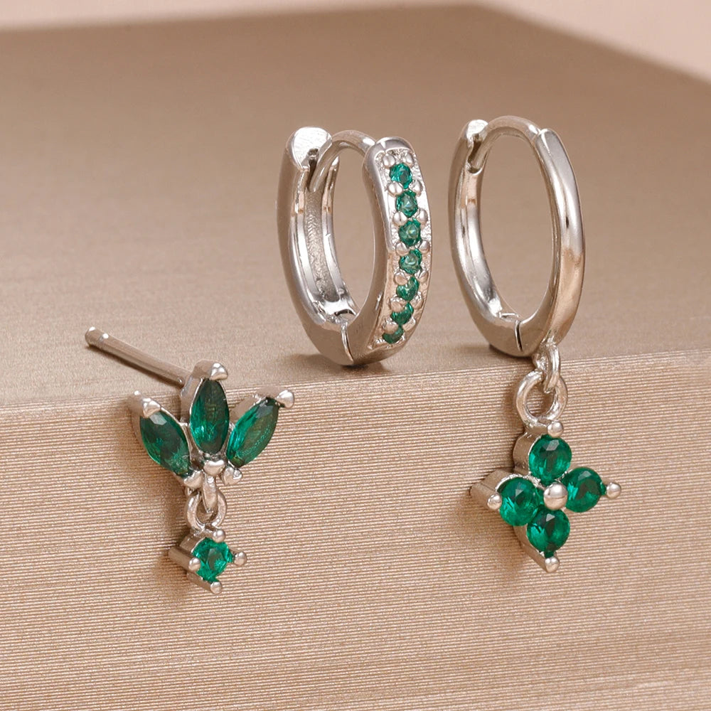 3 Paar modische orange-blaue Zirkon-Hängeohrringe für Damen, Edelstahl-Blumen-Baumelohrringe, Piercing-Schmuckset