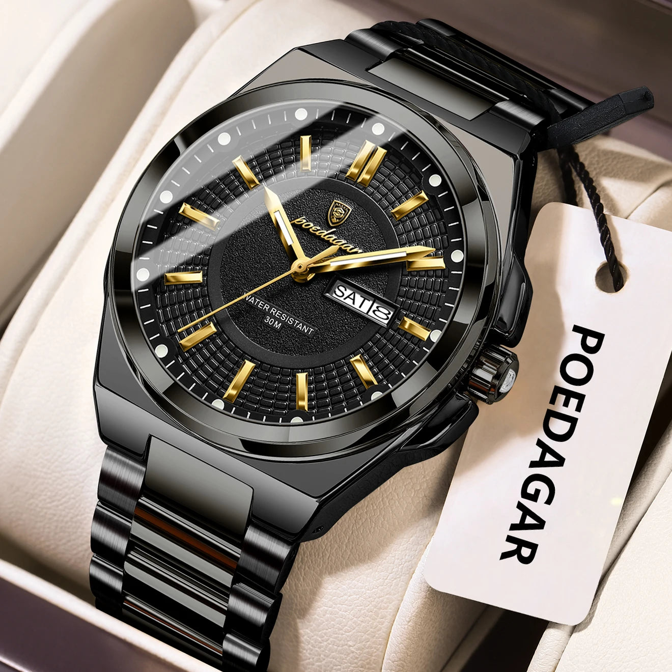 POEDAGAR Top Original Relojes de Hombre Acero Inoxidable Impermeable Luminoso Reloj de Hombre Fecha Semana Clásico de Moda Reloj de Pulsera de Cuarzo para Hombre