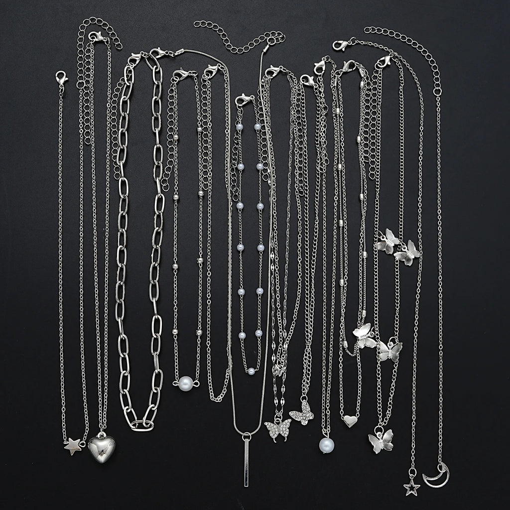 13Pcs/Set Simple Temperament Necklace Set Butterfly Pearl Heart Star Zircon Silver Color Necklace for Women Fashion Jewelry Gift