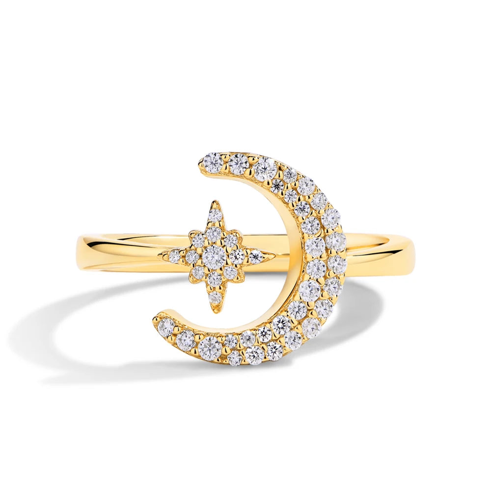 MINTYBOX 0.242CTW Stern Mond S925 Sterlingsilber Moissanit Ringe für Damen Labor Diamant Ring 18K Vergoldet Hochzeit Schmuck Geschenk