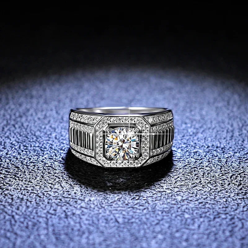 NeeTim Moissanit-Ring für Herren, Sterlingsilber, Platinbeschichtet, Labor-Diamant, Herrenring, Ehering, Feiner Schmuck