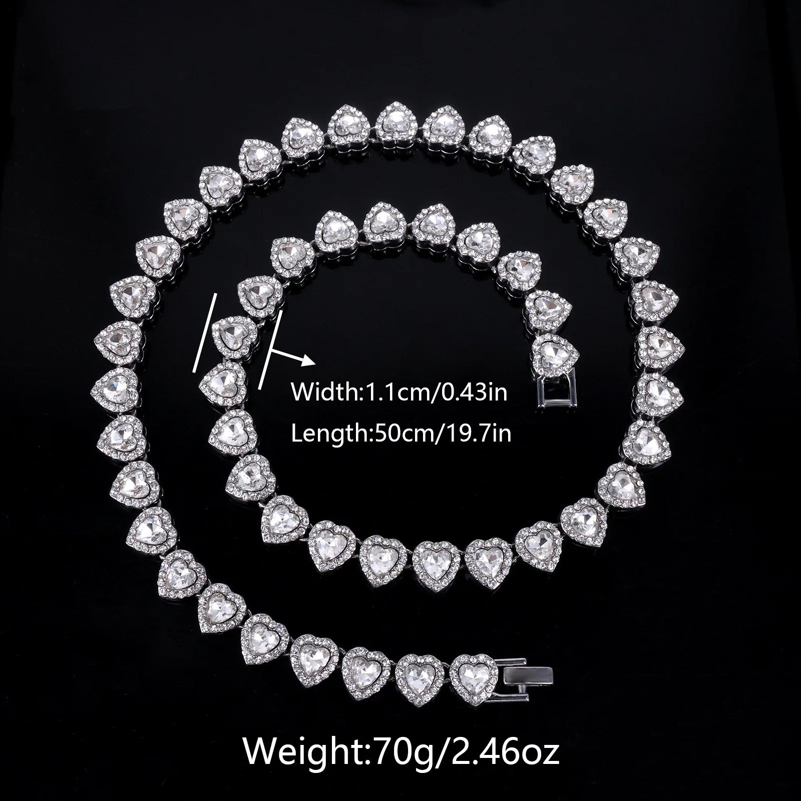 Yupsk 45CM/20CM Shiny Heart Rhinestone Hip Hop Rock Tennis Chain Bracelet Necklace for Women Men Trendy Jewelry Set Gift