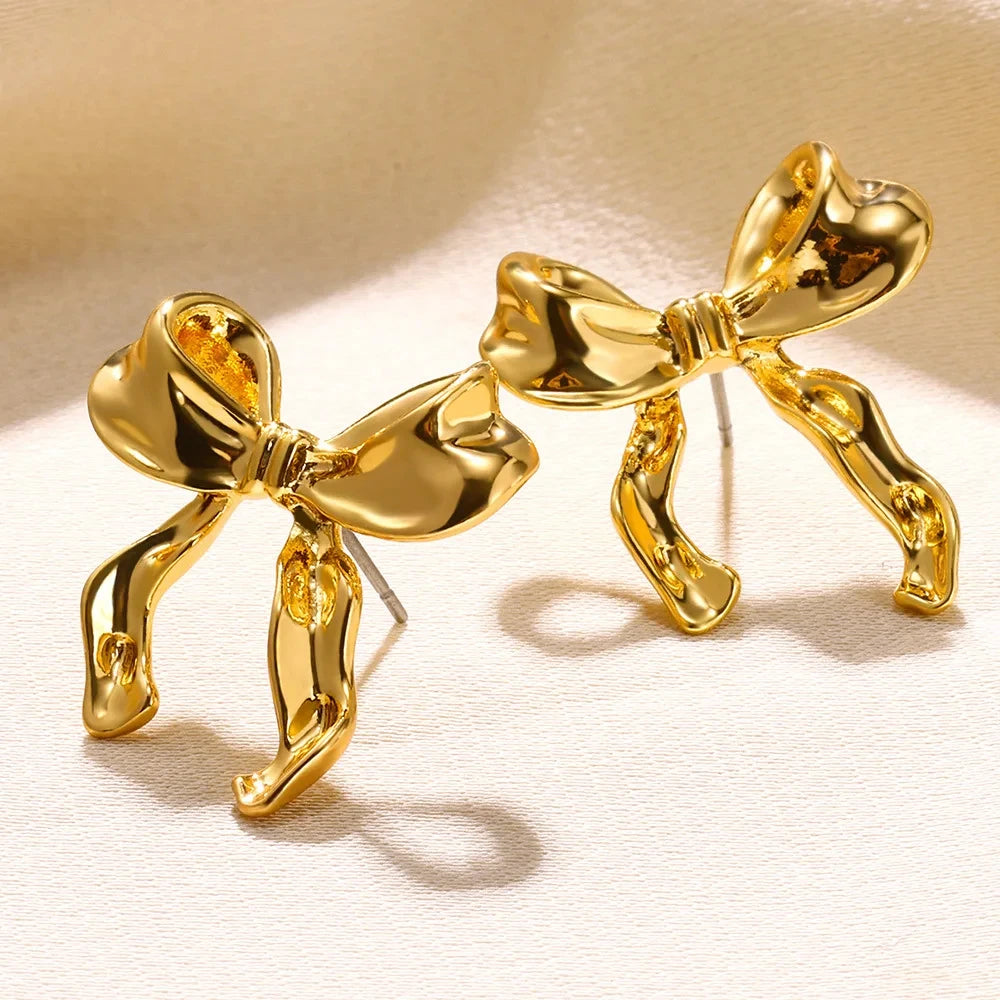 Pendientes de Lazo Vintage de Acero Inoxidable para Mujer, Joyería Elegante, Pendientes de Tuerca de Acero Inoxidable Chapados en Oro, Joyería de Navidad