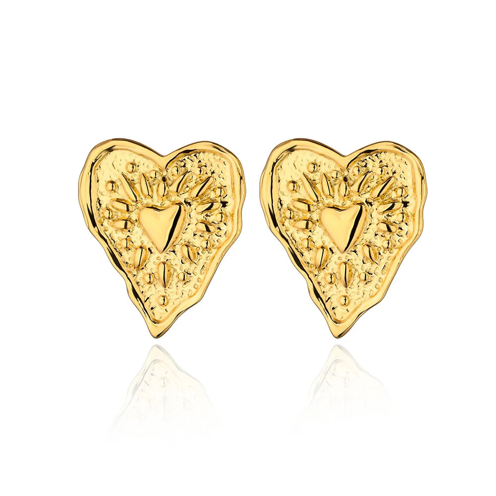 Edelstahl unregelmäßige Herztextur Ohrstecker für Damen Goldfarbenes Herz Hochzeit Ästhetischer Ohrring Schmuck Accessoires