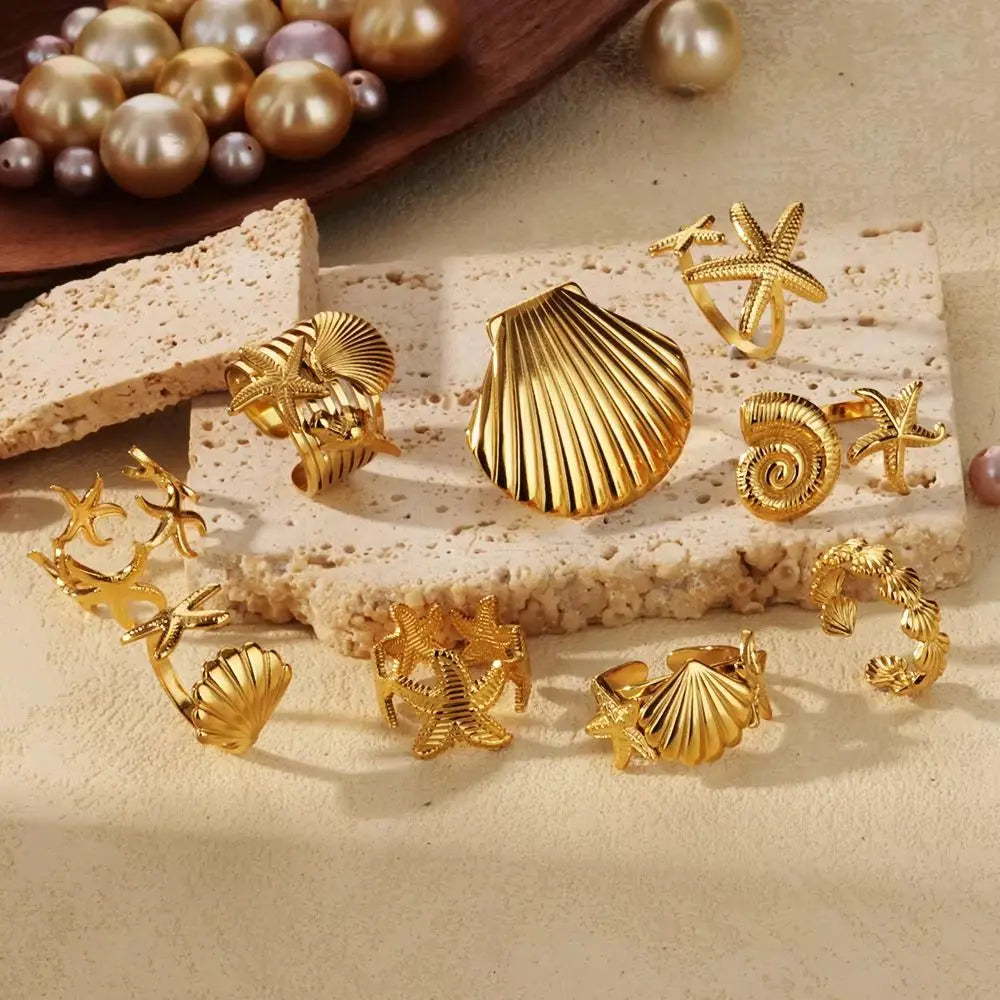 316L Stainless Steel Starfish Shell Rings for Women Gold Color Open Finger Ring Femme Trendy Summer Vacation Ocean Jewelry Gift