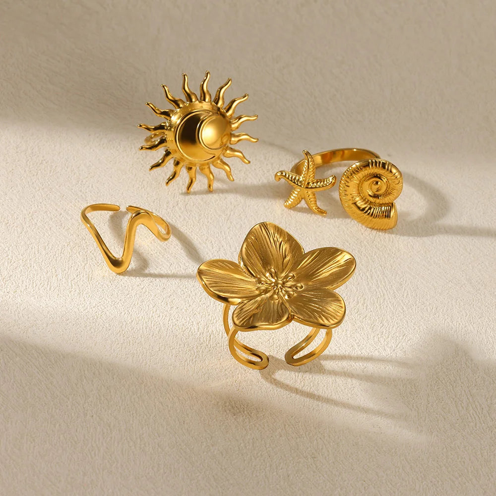 Elegante Edelstahl Big Bloom Blumenringe für Frauen Goldfarbe Sonne Seestern Offener Ring Fingerschmuck Hochzeit Ihr Geschenk Punk