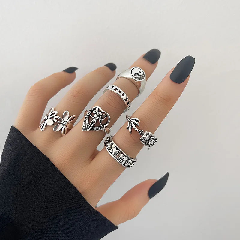 Anillo de elementos múltiples de metal estilo Punk vintage para mujer y hombre, anillos de dedo de calavera de serpiente mariposa de Color plata antigua, joyería gótica