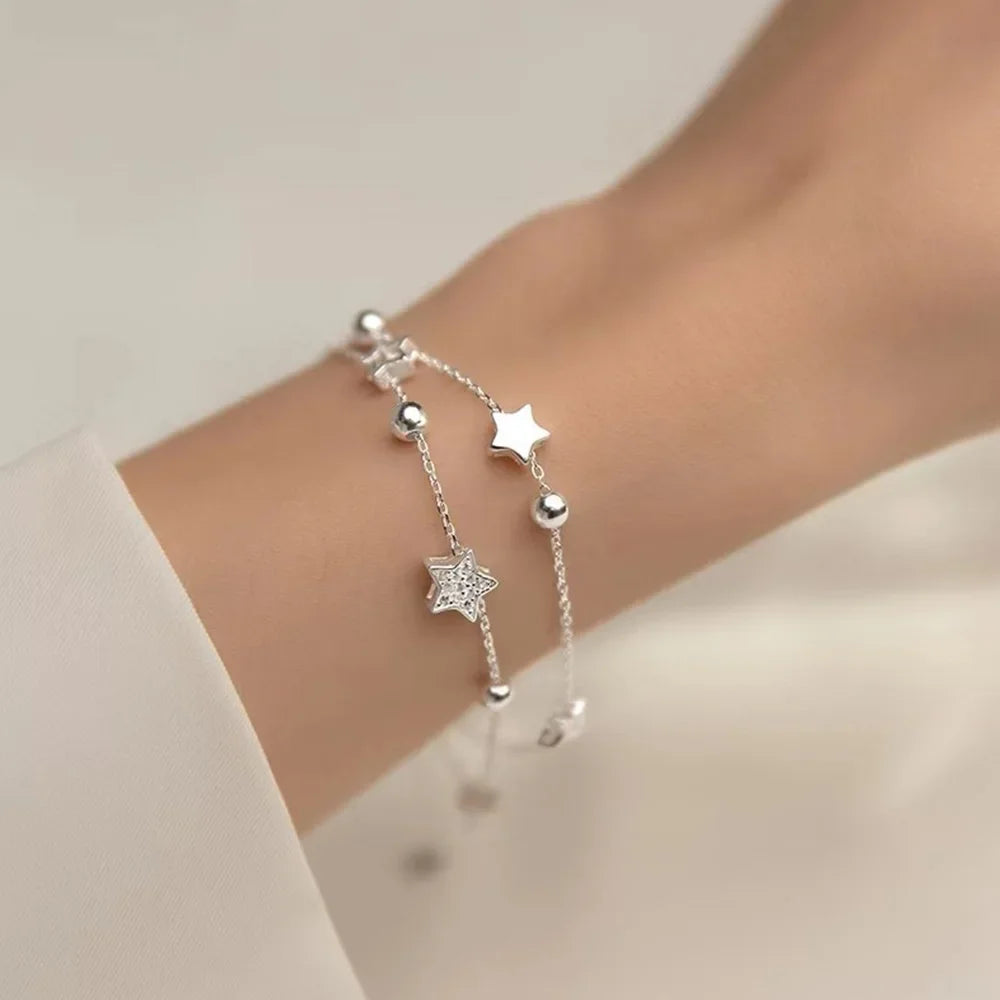 925 Stempel Silberfarbe Sternarmband Mode Koreanisch Fünfzackige Sterne Kristall Doppelarmband Dropshipping Großhandel