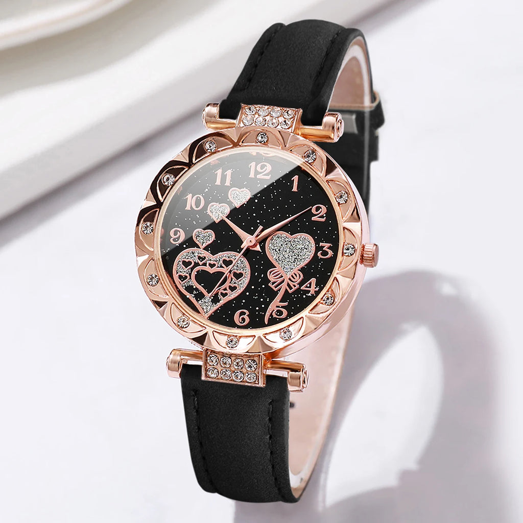 4 Stück/Set Damenuhren Modische Strass-Quarzuhr für Damen mit Lederarmband und Armreif-Set (ohne Box)