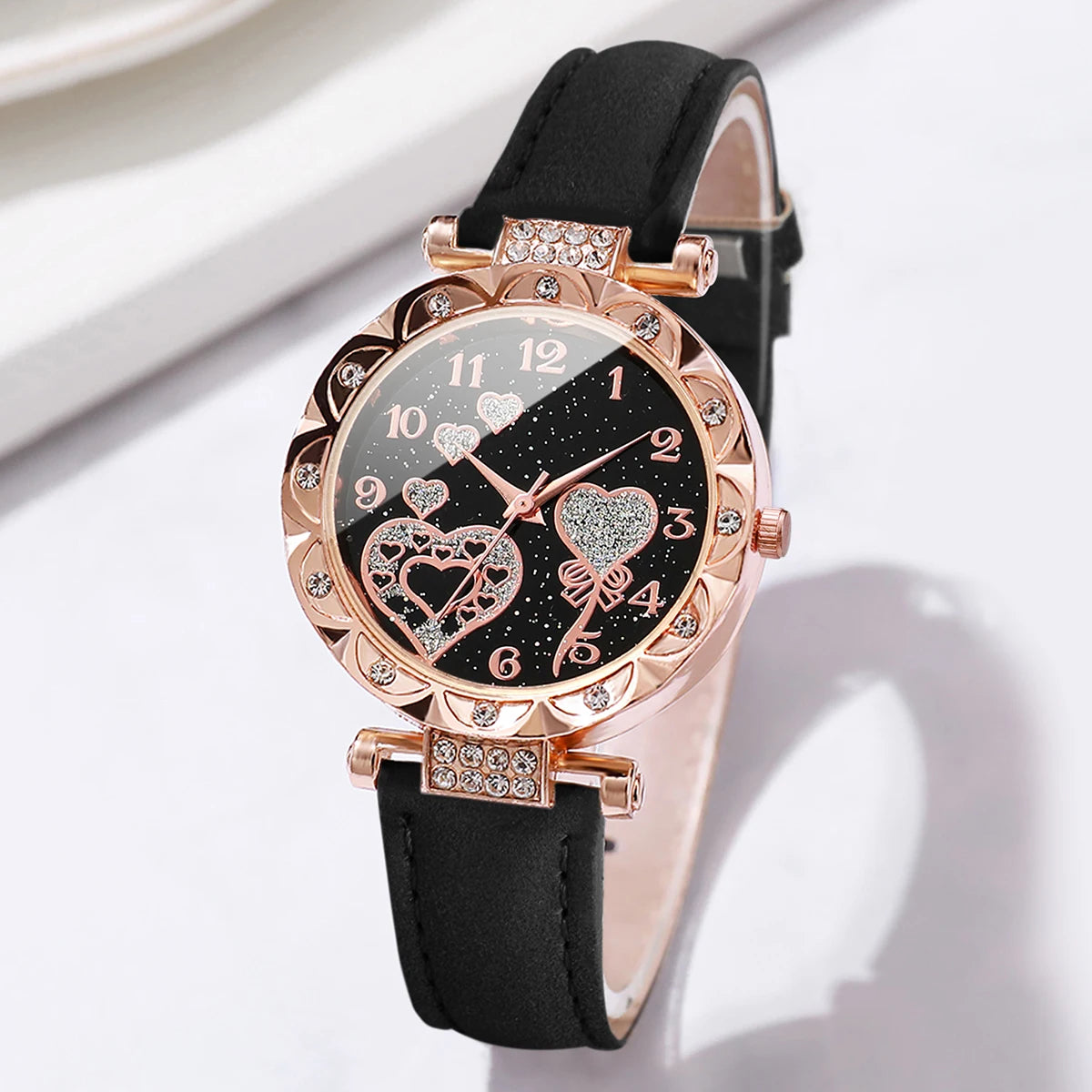 4 Stück/Set Damenuhren Modische Strass-Quarzuhr für Damen mit Lederarmband und Armreif-Set (ohne Box)