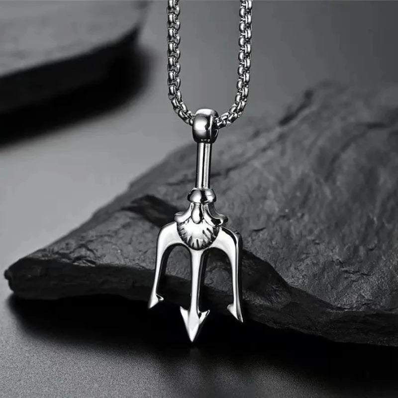 Street Men'sTitanium Steel Necklace Male Hipster Personality Hip Hop West Coast Style Trident Necklace Pendant