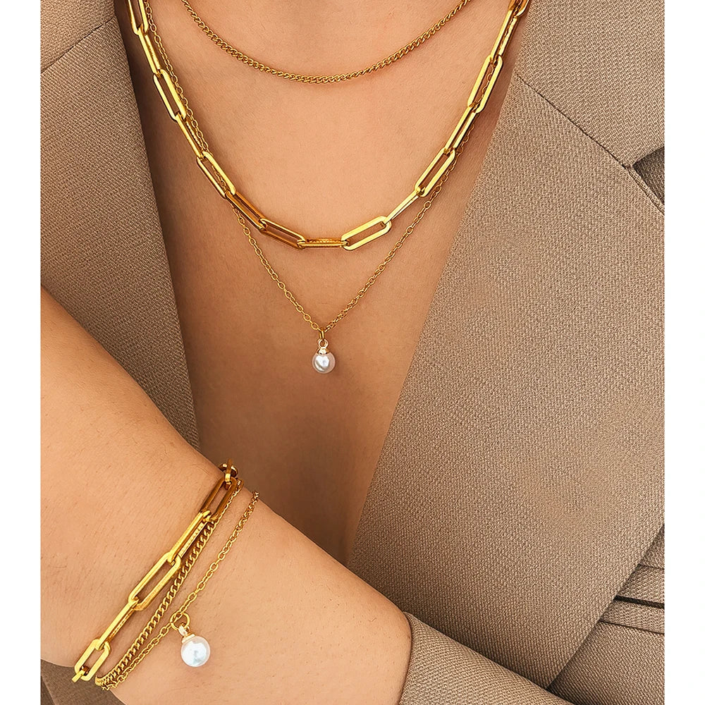 Aomogo Juego de joyas de acero inoxidable, delicado juego de joyas con colgante de perlas, lujoso juego de joyas con cadena multicapa para mujer