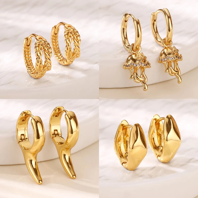 Pendientes de gancho geométricos para mujer, de acero inoxidable, color dorado, con diseño de medusa, pendientes colgantes de moda 2025, joyería de boda con perforación