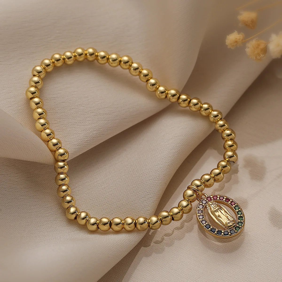 NEWBUY 2026 Mode Goldfarben Box Chain Jungfrau Maria Charm Armbänder für Frauen Glänzende CZ Zirkon Schmuck