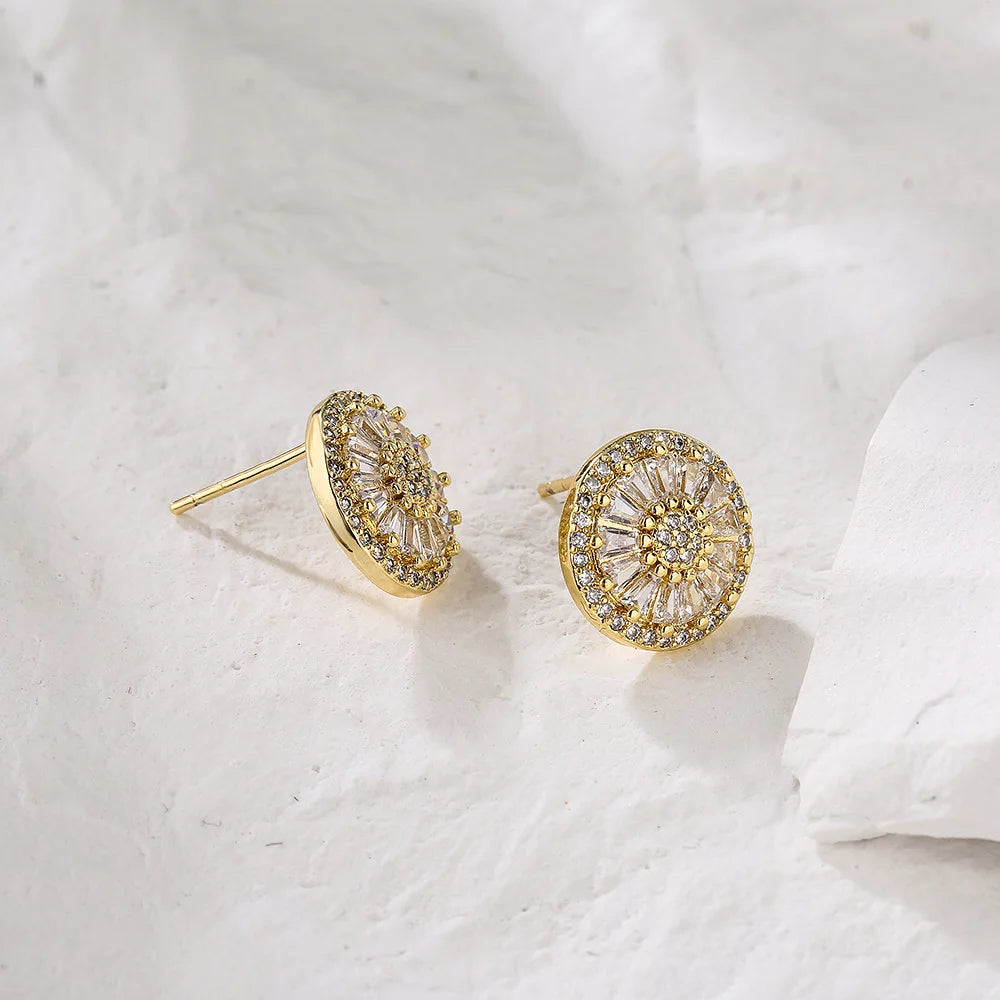 NEWBUY Luxuriöse AAA Zirkonia-Pflasterfassung Kupfer Schmuck Goldfarbe Runde Ohrstecker für Frauen Mädchen