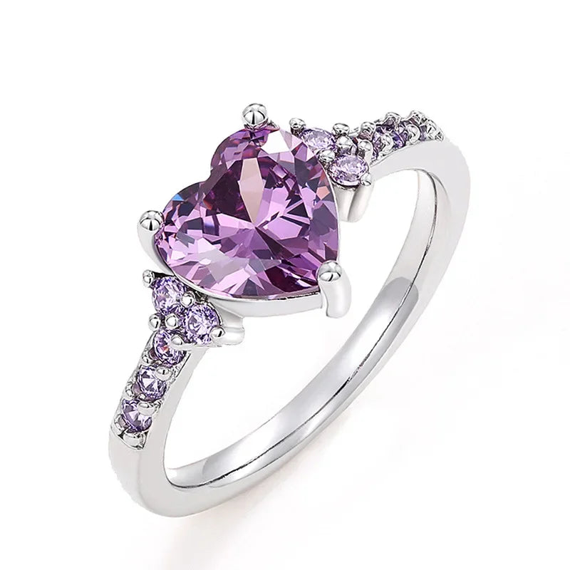 925 Sterling Silber Funkelnde Zirkon Weiß Lila Elegante Liebe Herz Ringe für Frauen Party Verlobung Hochwertiger Edelschmuck