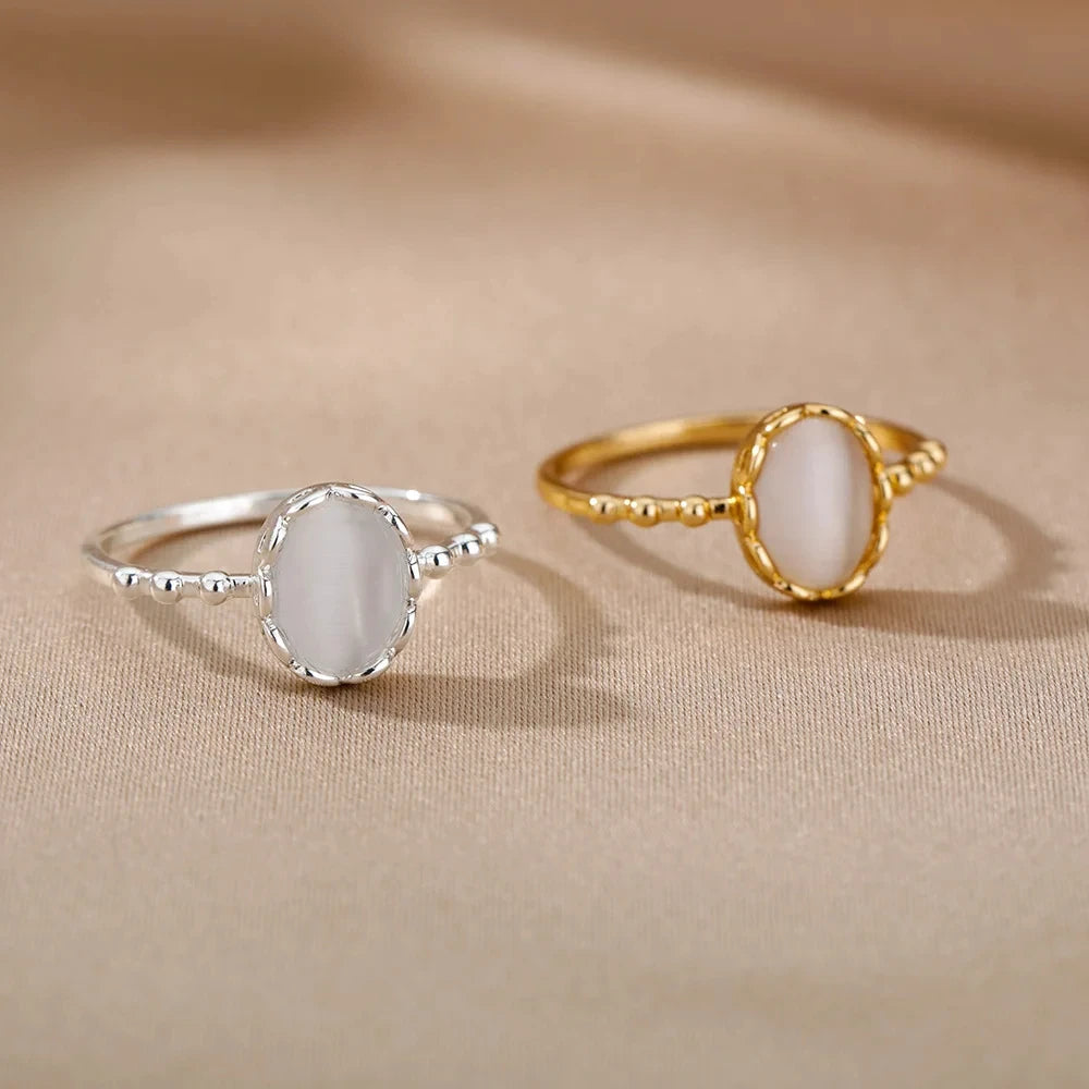 Modische weiße Opalringe für Frauen, goldfarbener Edelstahl-Opalring, Hochzeits-Verlobungsschmuck, Geburtstagsgeschenk 2024