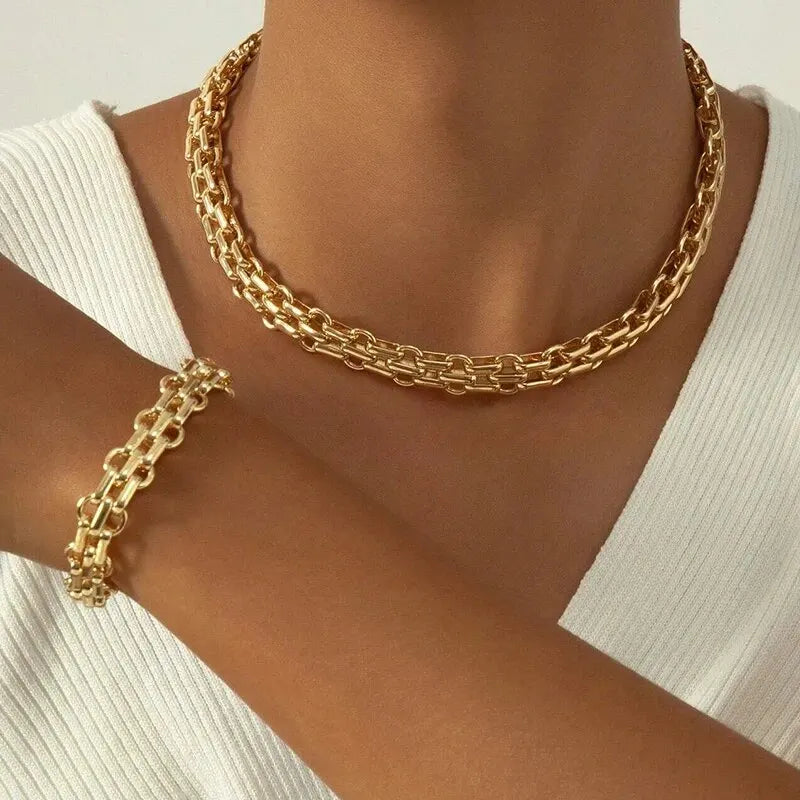 2-teiliges Set Goldfarbene Gliederkette Halskette Armband Set Punk Armband Große Gliederkette Dubai Afrika Party Schmuckset Geschenk für Frauen