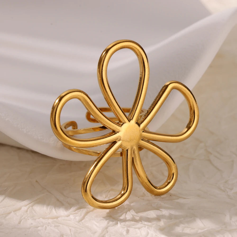 Edelstahl Blume Große Offene Ringe Für Frauen Gold Farbe Nachahmung Perle Hohlring Trendiger Ästhetischer Schmuck Geschenke