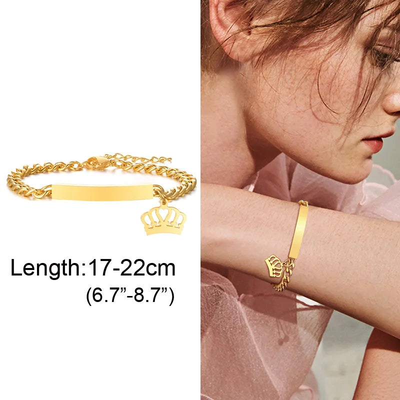 Individuelles personalisiertes Namens-ID-Armband für Mädchen und Jungen, Edelstahl-Gliederketten-Kronenarmband, nicht allergisch