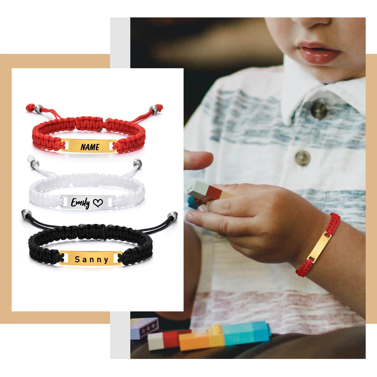 Personalisiertes Namensarmband für Mädchen Jungen Kind, Verstellbares geflochtenes Seilarmband mit individuellem ID-Tag, Graviertes Geburtstags-Weihnachtsgeschenk