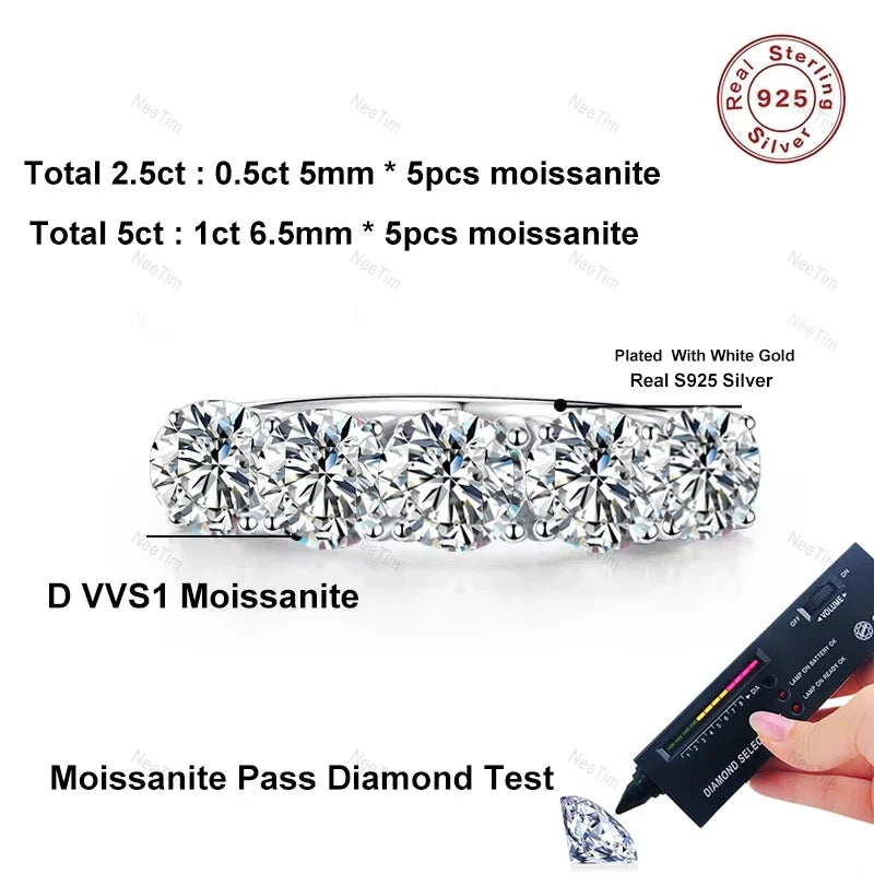 NeeTim 5mm 6.5mm Voll-Moissanit-Ring für Damen, S925 Sterling Silber, Eternity, funkelnder Diamant-Ring, Eheringe, Schmuck