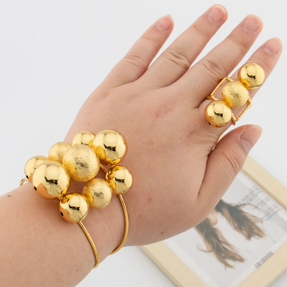 Afrikanischer Goldschmuck für Frauen, Perlen-Design, Manschettenarmreif und Ring, Dubai Hochzeiten Brautschmuck-Set, Accessoires, Geschenke
