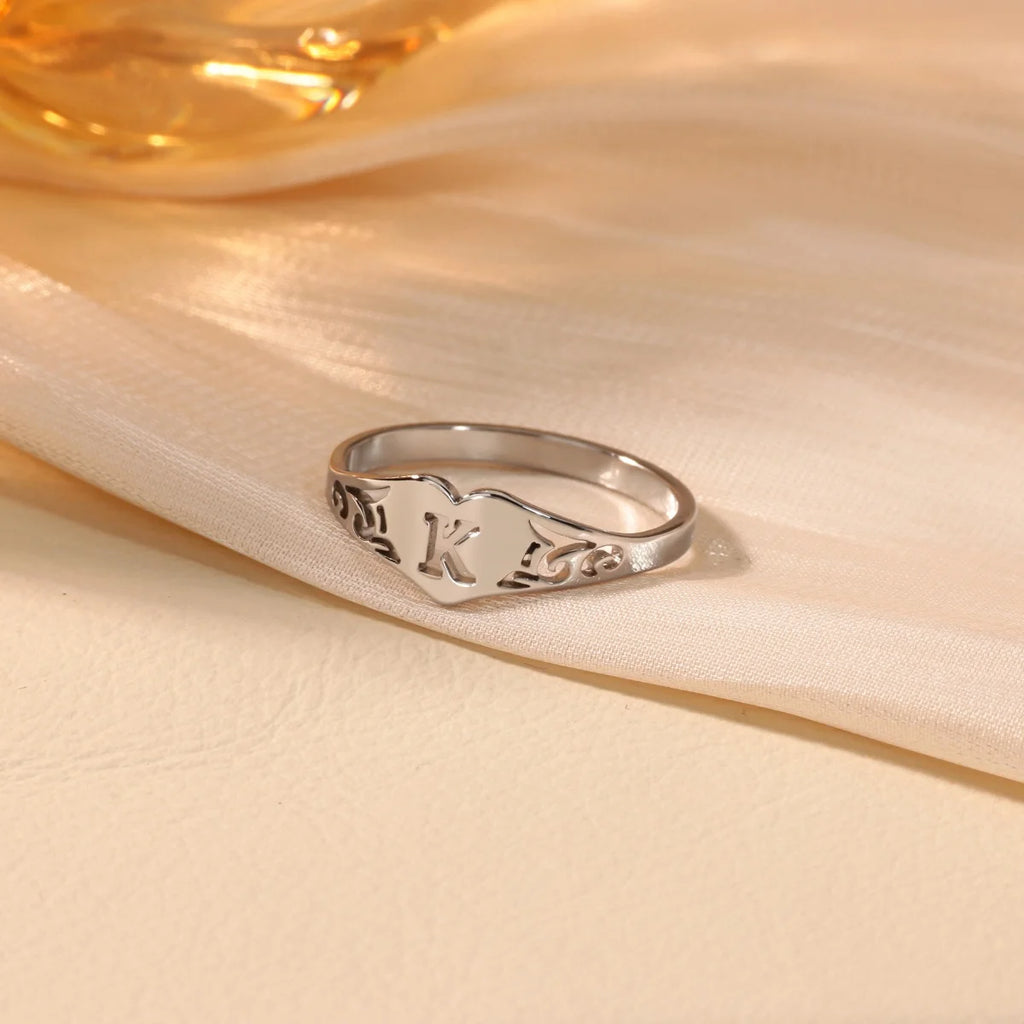 Stainless Steel A-Z Letter Heart Rings For Women Silver Color Hollow Initial Letter Ring Aesthetic Wedding Jewelry Gift